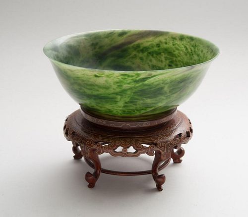 CHINESE SPINACH GREEN JADE FOOTED BOWL
