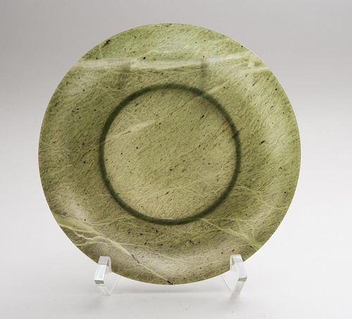 CHINESE SPINACH GREEN JADE FOOTED PLATE