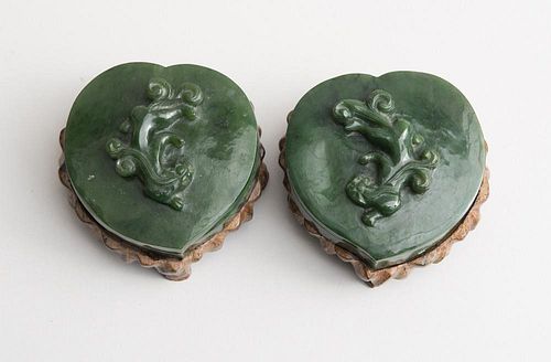 PAIR OF CHINESE SPINACH GREEN JADE HEART-SHAPED BOXES AND COVERS
