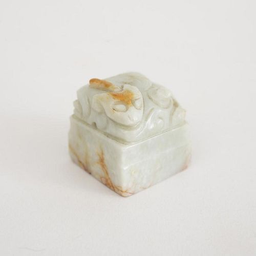 CHINESE CARVED AND VEINED CELADON JADE SEAL, IN THE MING STYLE