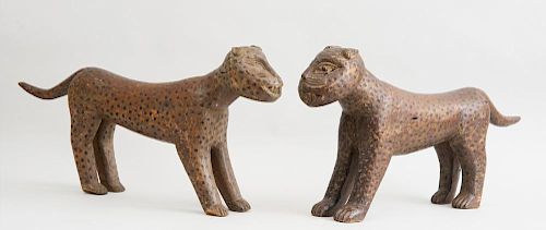 TWO AFRICAN CARVED WOOD FIGURES OF LEOPARDS, PROBABLY BENIN KINGDOM, NIGERIA