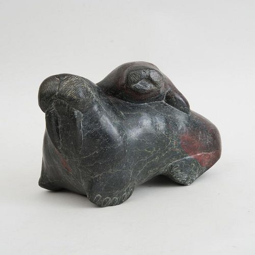 ESKIMO CARVED STONE GROUP OF A WALRUS AND HER PUP