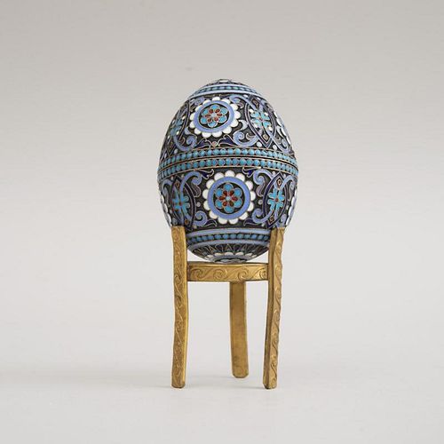 RUSSIAN CLOISONNÉ ENAMEL, SILVER AND SILVER-GILT EASTER EGG-FORM BOX
