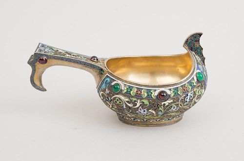 RUSSIAN JEWELED, CLOISONNÉ ENAMEL AND SILVER-GILT KOVSH