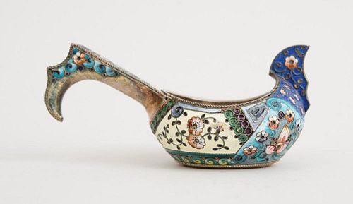 RUSSIAN CLOISONNÉ ENAMEL AND SILVER SMALL KOVSH