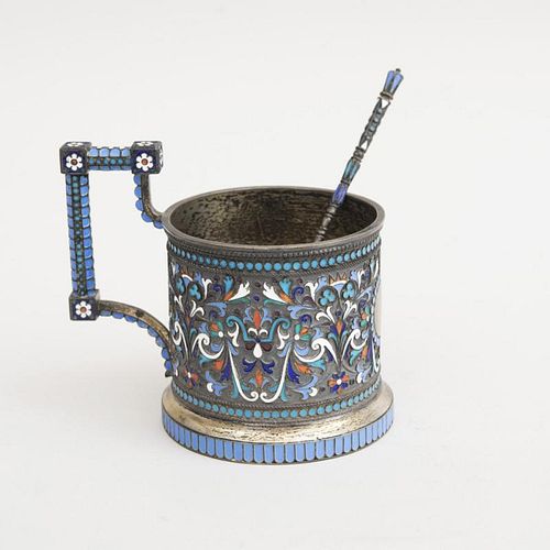 RUSSIAN CLOISONNÉ ENAMEL AND SILVER TEA GLASS HOLDER AND A TEASPOON