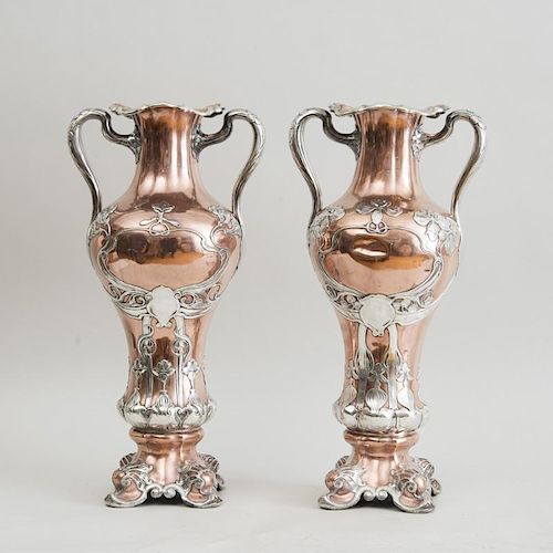 PAIR OF LARGE GORHAM MIXED METAL SILVER ON COPPER TWO HANDLED VASES