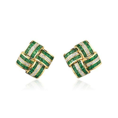 A Pair of 14K Gold Emerald and Diamond Earrings