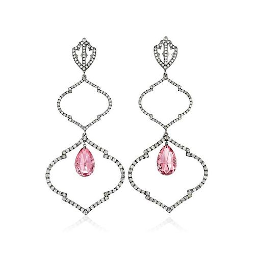 A Pair of 18K Gold Diamond and Pink Tourmaline Pendant Earrings