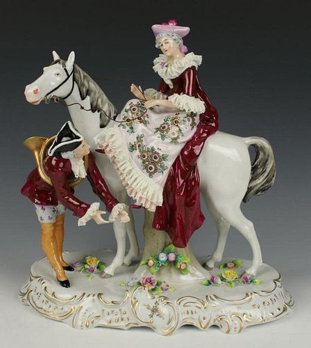 Sitzendorf figurine "Lady on horse with Gentleman"