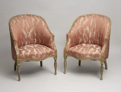 PAIR OF GEORGE III STYLE GREEN-PAINTED AND PARCEL-GILT BERGÈRES