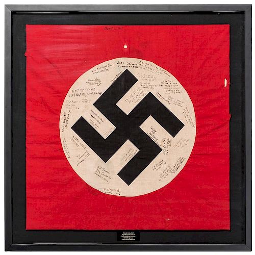 War Trophy Nazi Flag Dated March 11, 1945, Signed by the Men of the 104th Infantry Division 414th Regiment 3rd Armored Divisi