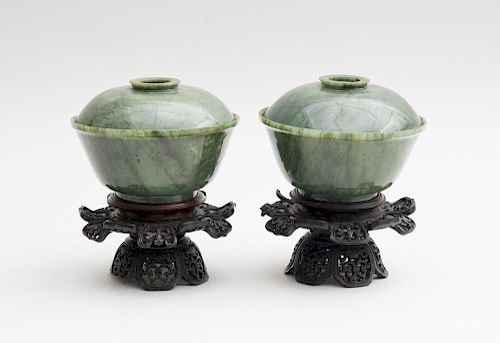 PAIR OF CHINESE JADE FOOTED BOWLS AND COVERS