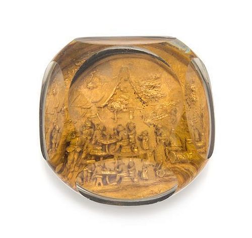 * An Antique Pinchbeck Faceted Golden Pastoral Scene Paperweight Diameter 3 1/4 inches