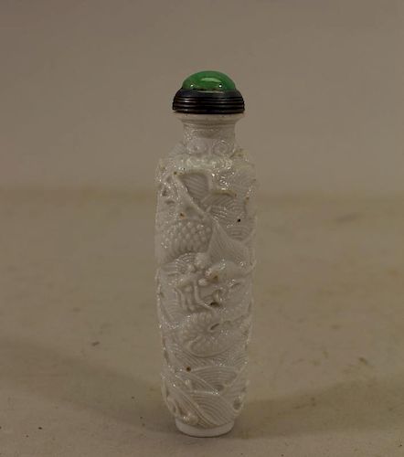 Chinese Cylindrical Dragon Snuff Bottle, Jade Stop
