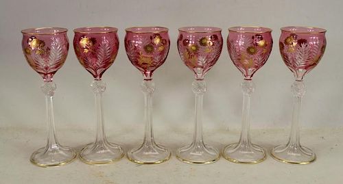 (6) Cranberry Cut Glass Gilded Painted Goblets