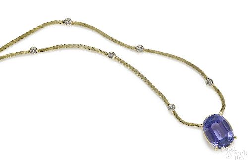 14K yellow gold diamond and tanzanite necklace