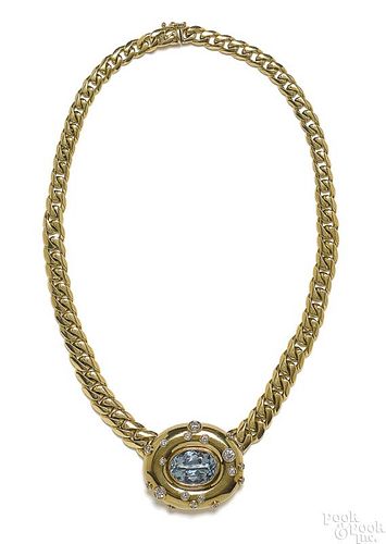 18K yellow gold aquamarine and diamond necklace