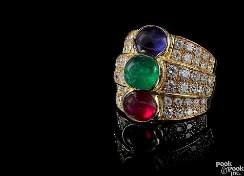 18K yellow gold sapphire, ruby and emerald ring