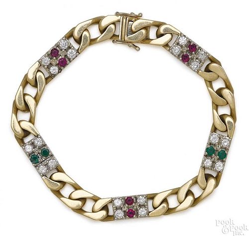 18K yellow gold diamond, ruby and emerald bracelet