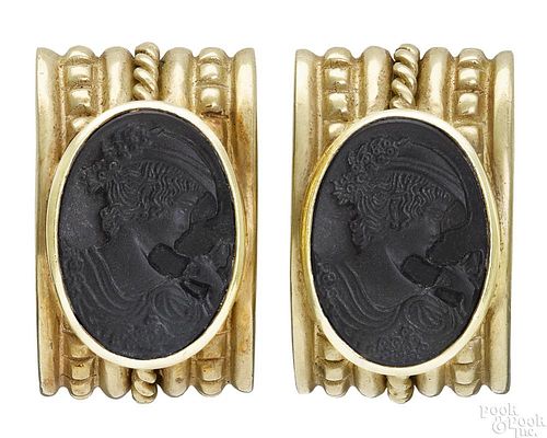 Pair of 14K yellow gold black intaglio earrings