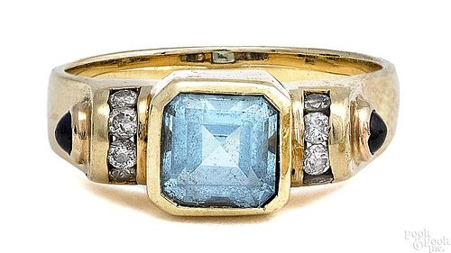 14K yellow gold aquamarine diamond sapphire ring