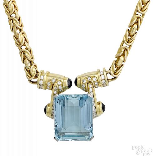 14K yellow gold aquamarine diamond ruby necklace
