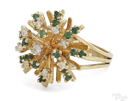 14K yellow gold diamond and emerald starburst ring
