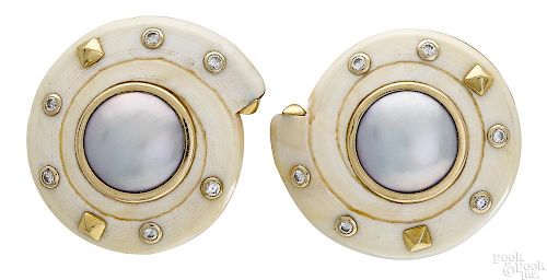 14K yellow gold mabé pearl and diamond earrings