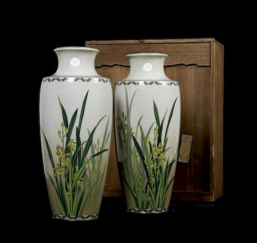 * A Pair of Japanese Cloisonne Enamel Presentation Vases, Ando Studio, Height 17 1/2 inches.
