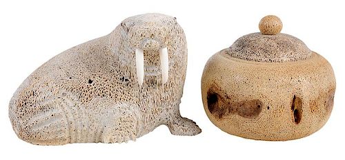 Two  Fossilized Whalebone Carvings