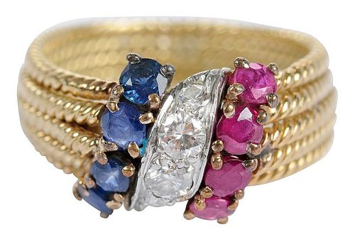 David Webb 18kt. Diamond, Ruby & Sapphire Ring