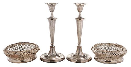 Pair Silver-plated Candlesticks and Coasters