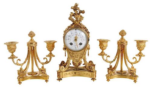 Louis XVI Style Gilt Bronze Clock Garniture Set