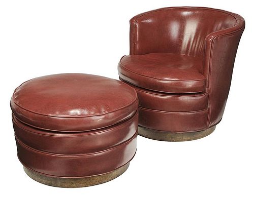 Vintage Upholstered Swiveling Tub Chair, Ottoman