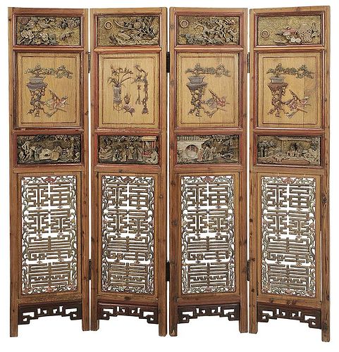 Chinese Polychromed Four Panel Room Screen