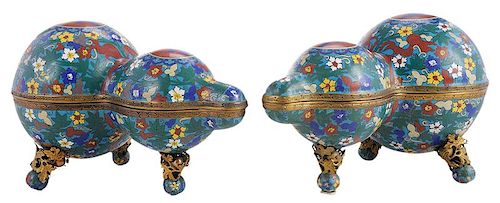 Pair Double Gourd Chinese Cloisonne Lidded Boxes