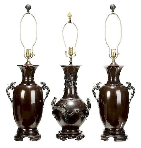 Three Asian Bronze Dragon Table Lamps