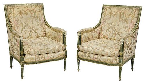 Pair Louis XVI Style Paint Decorated Bergeres