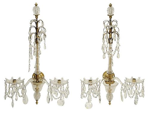 Pair Louis XVI Style Bronze and Crystal Sconces