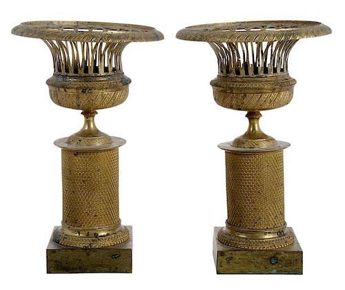 Pair of French Brass Small Pedestal Planters