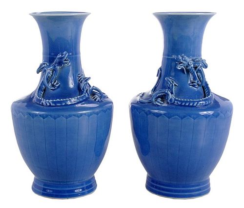 Pair of Chinese Blue Glazed Vases With Chilongs