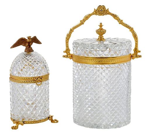 Two Cut Crystal Gilt Bronze Round Boxes