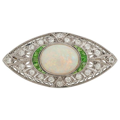 Platinum Opal, Diamond and Demantoid Garnet Edwardian Brooch