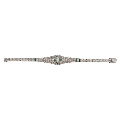 Platinum Diamond and Emerald Art Deco Bracelet