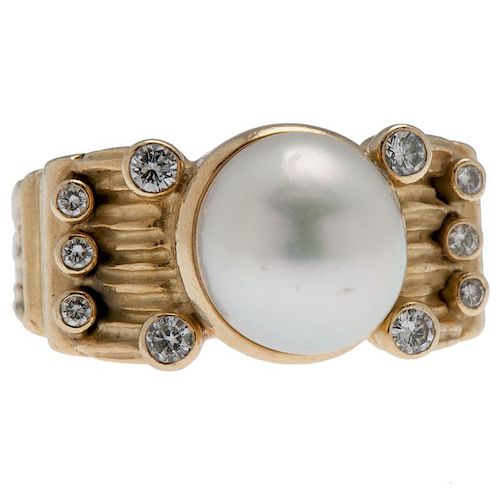Michael B 18 Karat Yellow Gold Cultured Pearl and Diamond Ring