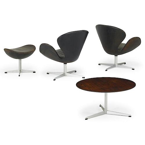 ARNE JACOBSEN Pr. Swan chairs, ottoman, and table