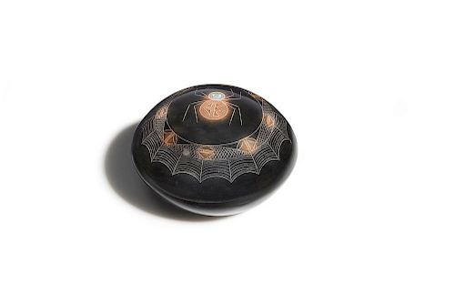Barbara Gonzales (b. 1947) Tahn-Moo-Whe, Polished Black Domed Jar with Spider Design