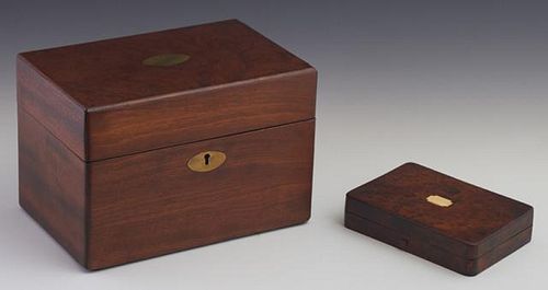 Two English Tea Caddies, one 20th c., of rectangular form with two interior lidded foil lined tea compartments; one of rosewo