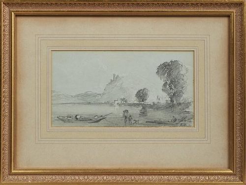 Continental School, "Harbor Scene," 19th c., gouache, signed indistinctly lower right, presented in a gilt frame, H.- 5 1/4 i